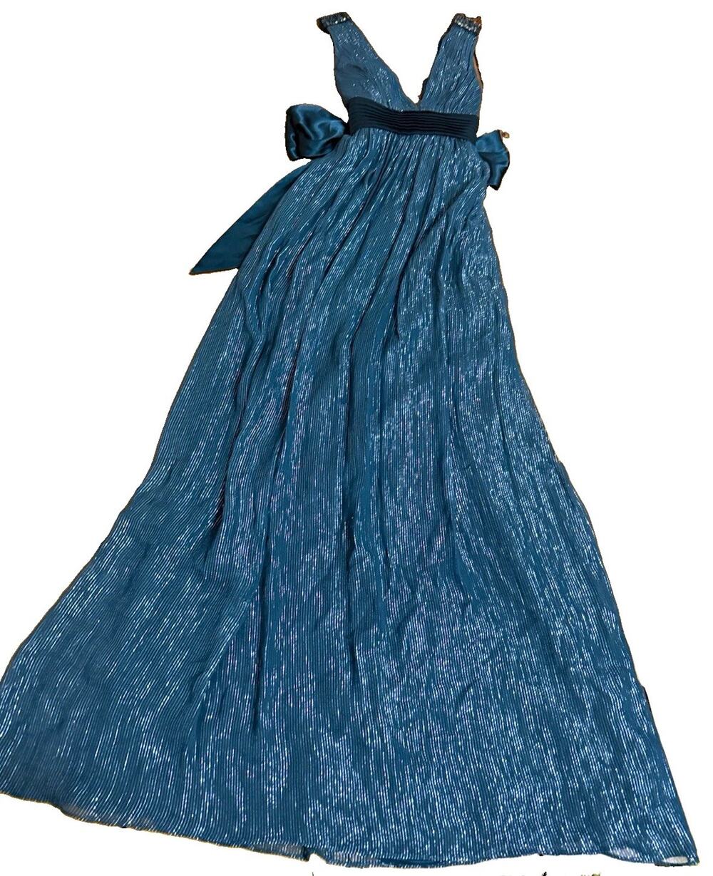 BCBGMAXAZRIA Women’s Teal Striped Pleated Satin Beaded Bow Maxi Dress 4